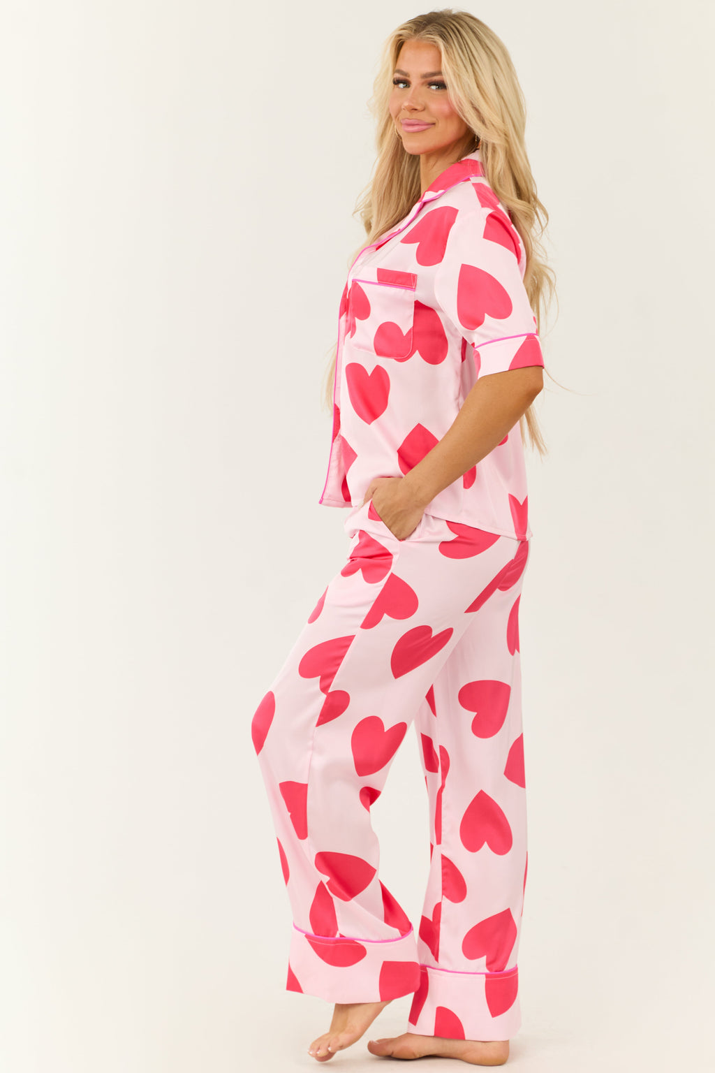 Blush and Crimson Heart Pattern Pajama Set