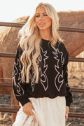 Black Western Embroidered Long Sleeve Sweater