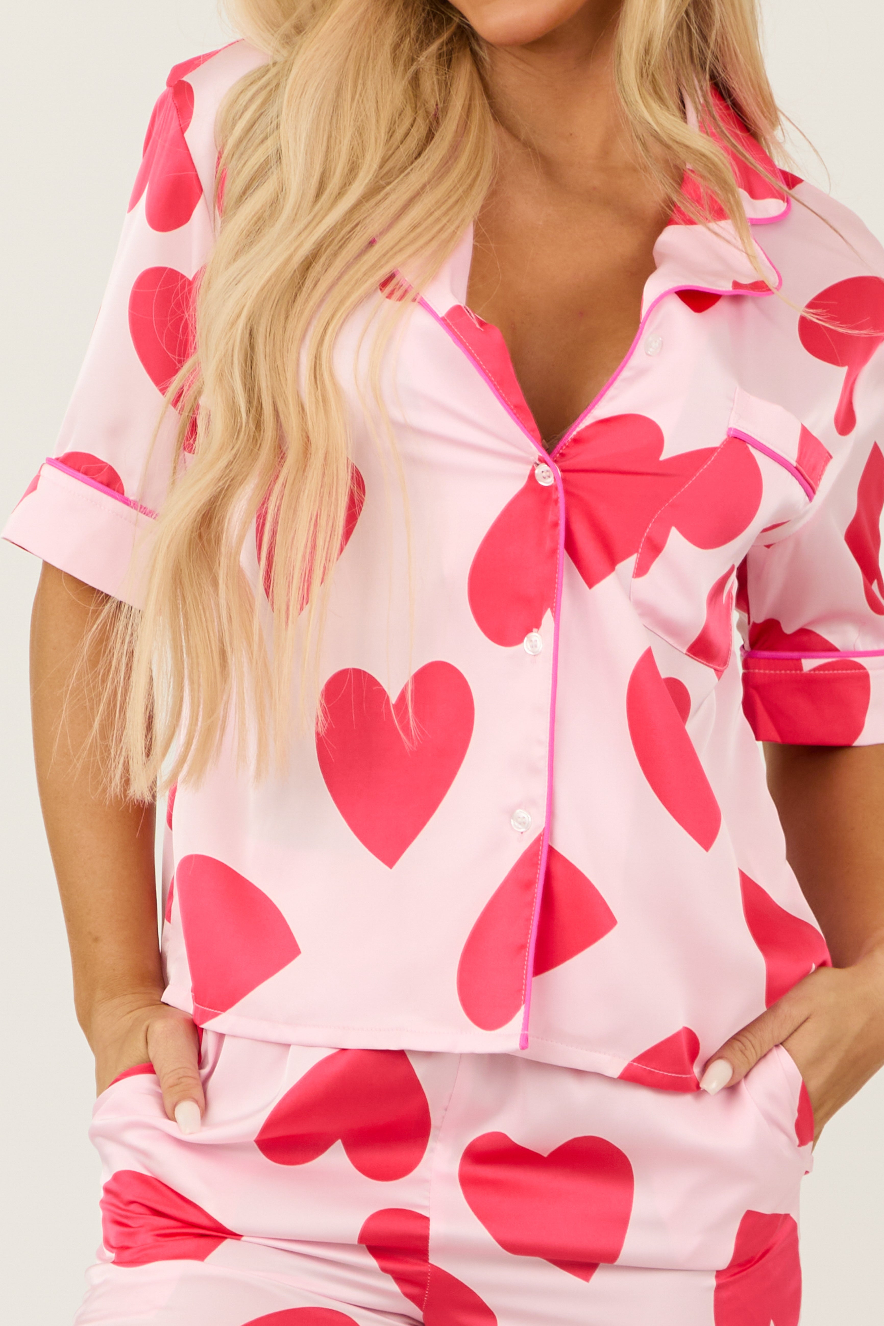 Blush and Crimson Heart Pattern Pajama Set